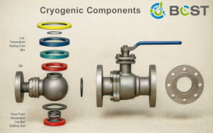 Cryogenic ball valve components: PCTFE seat, extended bonnet, live-loading