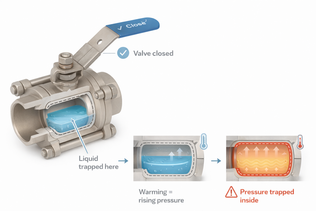 Diagram illustrating the ball valve effect where trapped liquid vaporizes and causes extreme overpressure