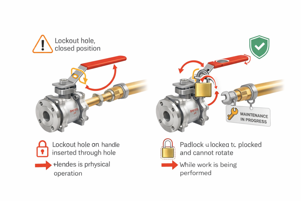Ensure the valve model includes an integral or compatible lockout device