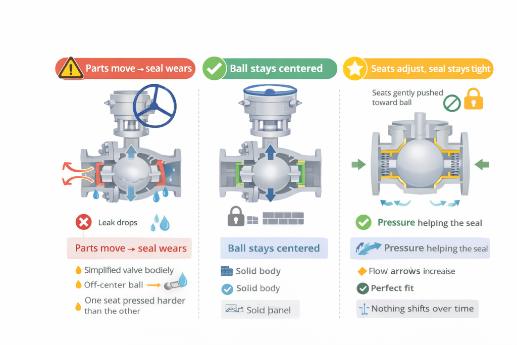 Diagram showing the trunnion-mounted ball and spring-energized seats within a top entry valve
