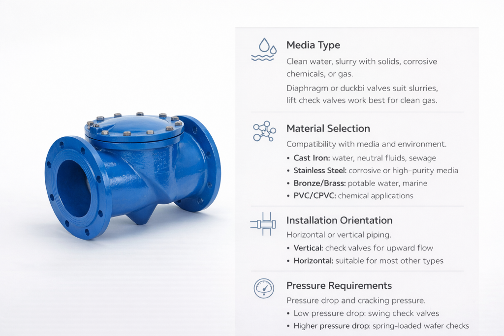 Decision tree flowchart for selecting the correct non-return valve based on service conditions