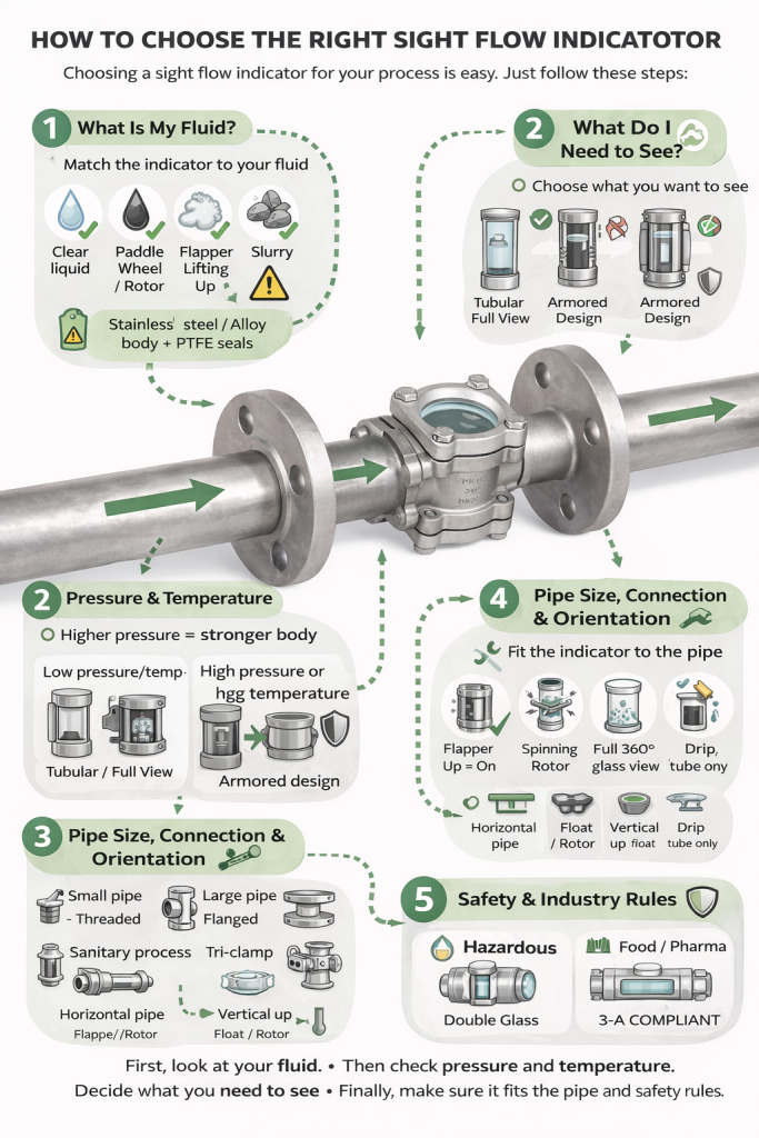 A flowchart infographic detailing the selection process for sight flow indicators