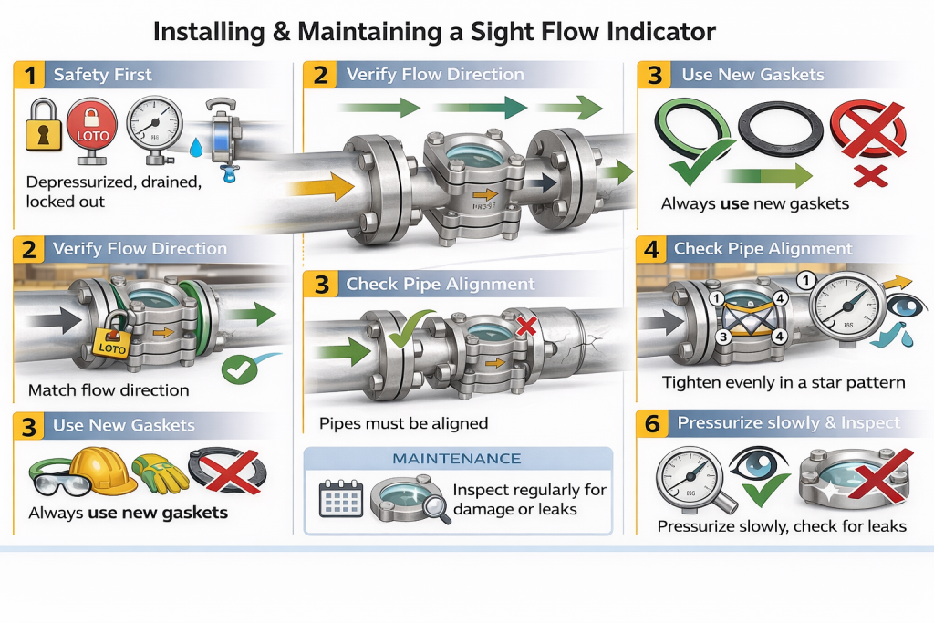 An engineer performing maintenance check on an industrial sight flow indicator