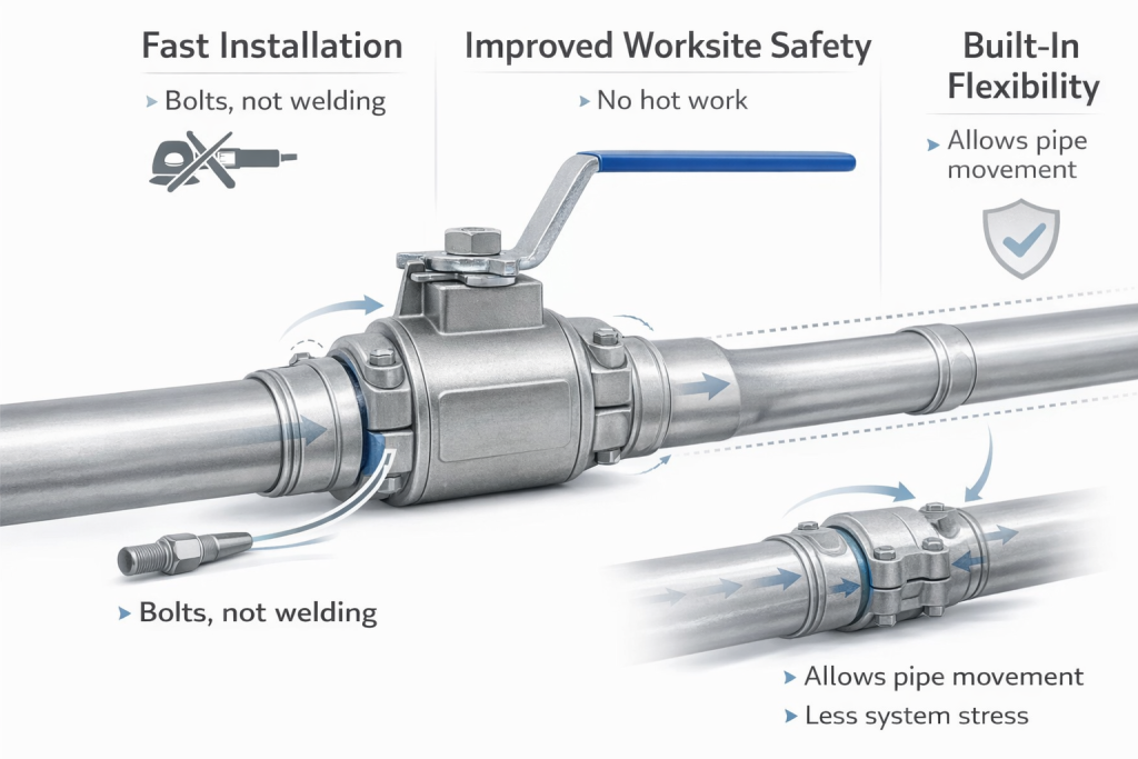 Infographic highlighting the advantages of a grooved system: speed, safety, and flexibility