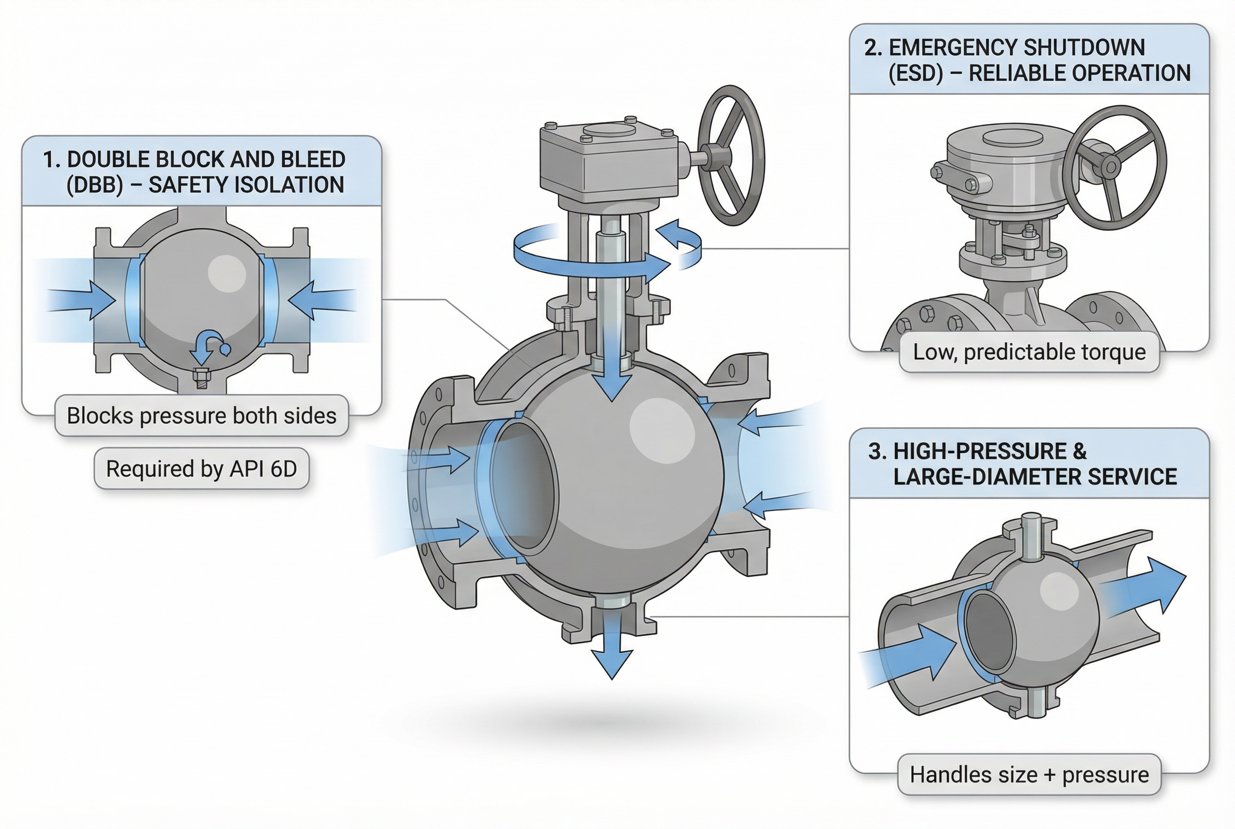 A ball valve, a butterfly valve, and a gate valve shown side-by-side