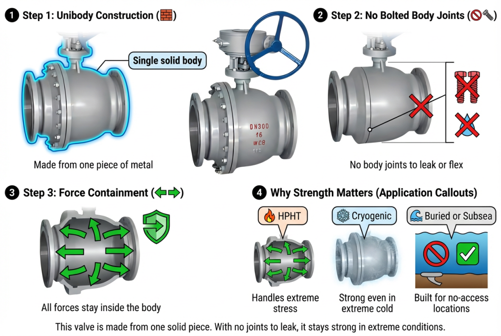 Illustration showing the solid, one-piece unibody construction of a top entry ball valve versus a multi-piece body