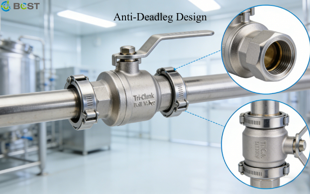 A cutaway view of an anti-deadleg tri-clamp ball valve showing a smooth, crevice-free flow path.