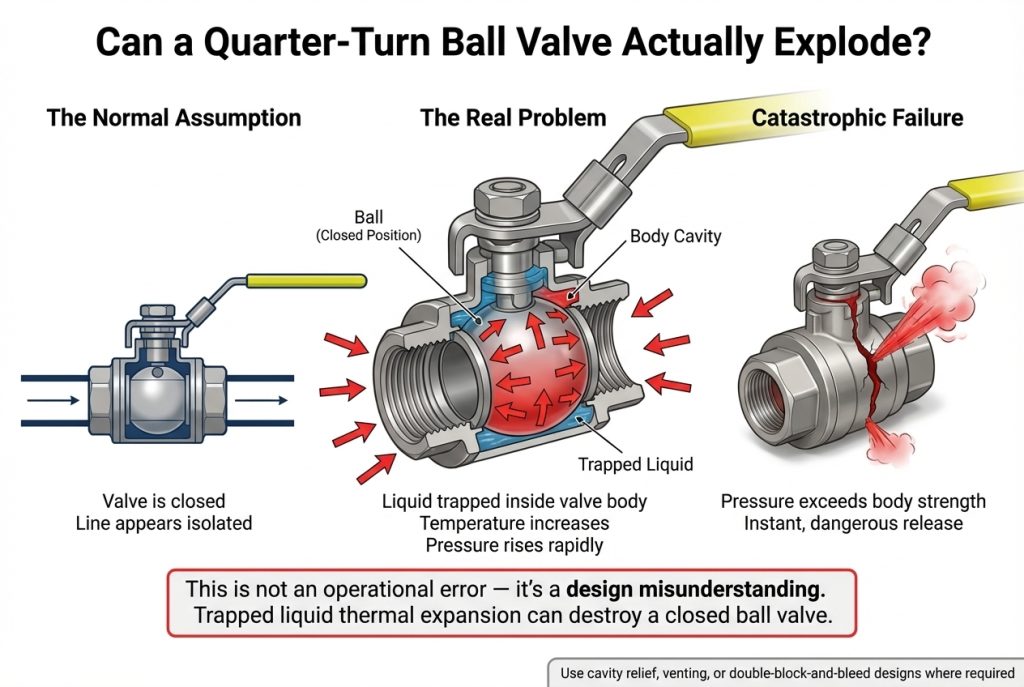 Illustration showing pressure build-up in a ball valve cavity, leading to potential rupture.