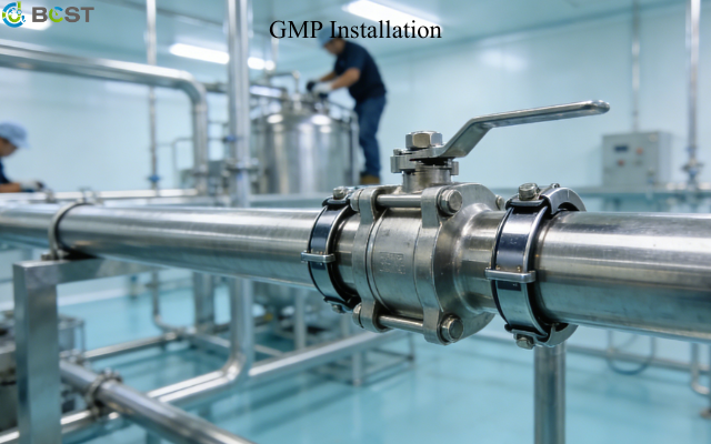 A technician installing a BCST tri-clamp ball valve in a GMP-compliant cleanroom environment.