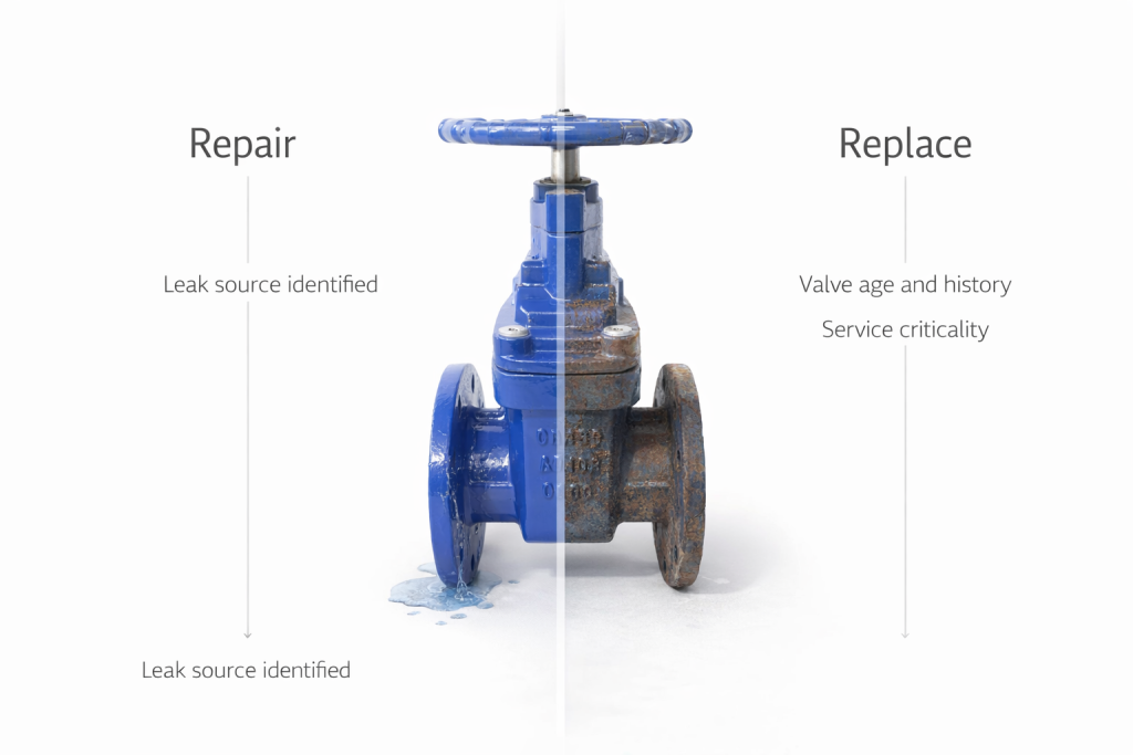 A technician making the decision between gate valve repair and replacement