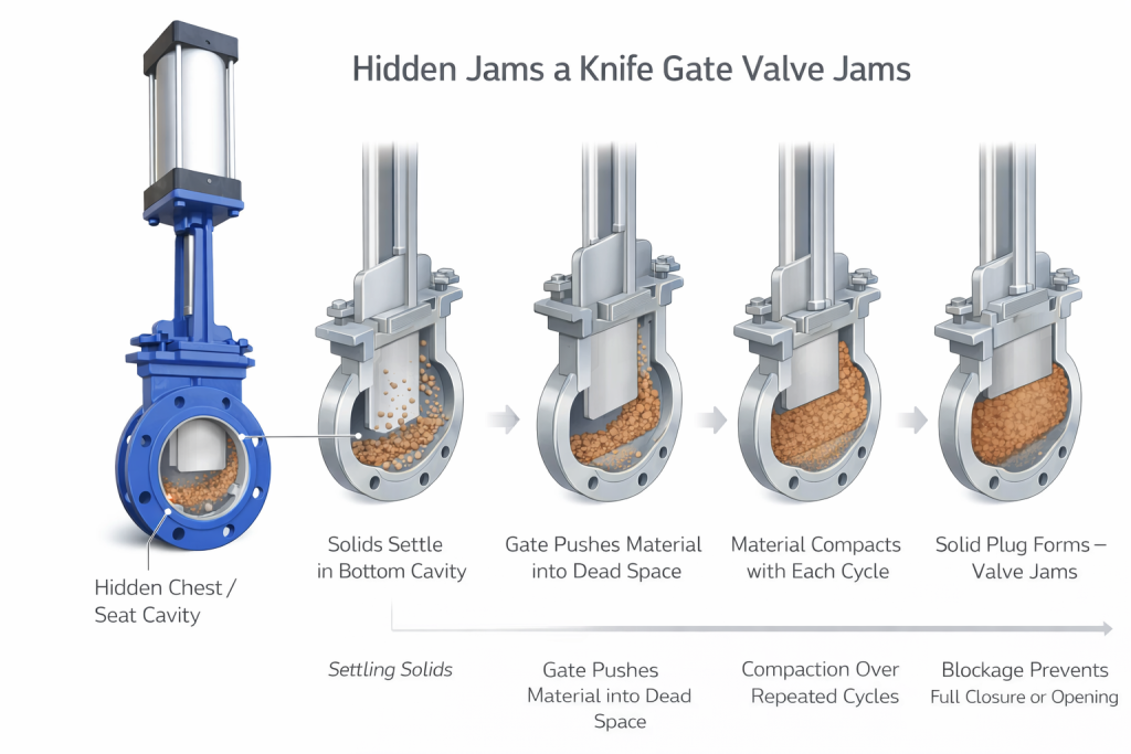 Diagram illustrating the mechanics of solids compaction in a standard knife gate valve body.
