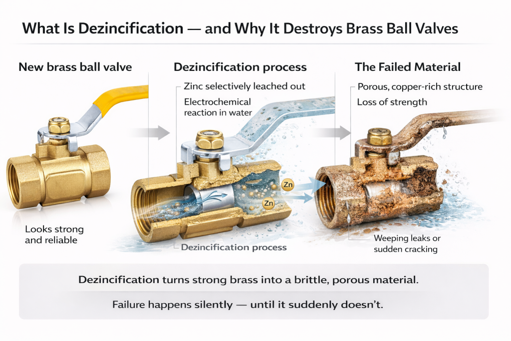 Microscopic view or diagram illustrating the process of dezincification in a brass alloy