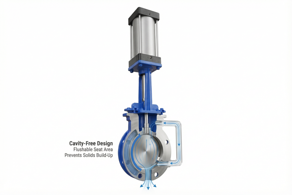 Comparison between a standard valve, a valve with flush ports, and a through-conduit knife gate valve.