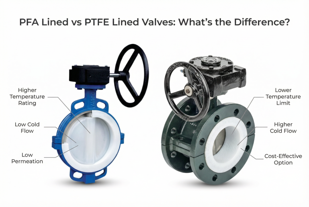 Comparison diagram illustrating differences between PFA and PTFE lined valves