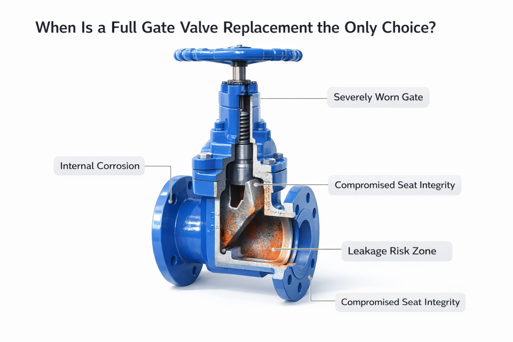 A severely corroded gate valve being removed from a pipeline, mandating replacement.