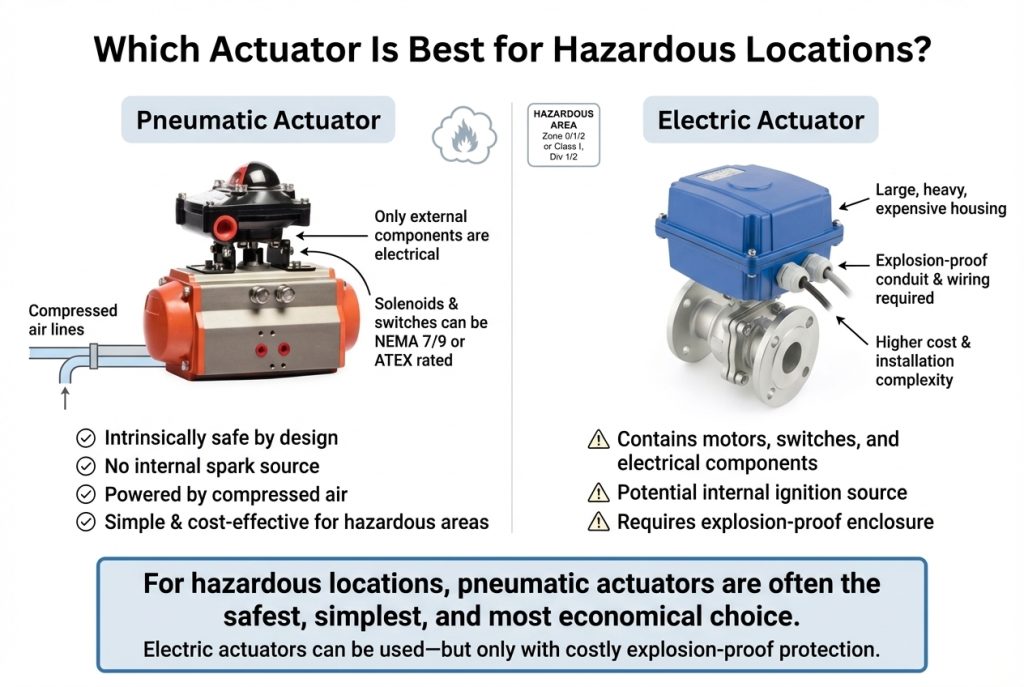 A pneumatic actuator operating in a hazardous industrial environment like a refinery.