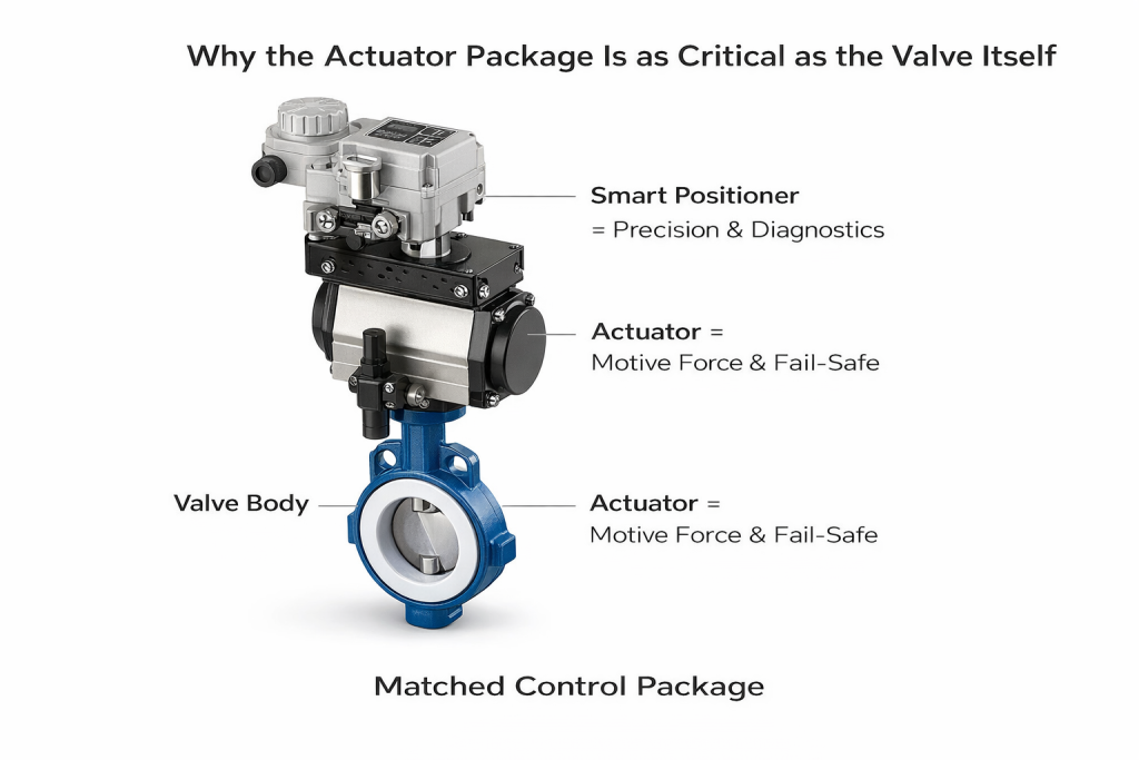 A detailed view of a butterfly valve assembly connected to an actuator and positioner, highlighting the integrated nature of the control package.