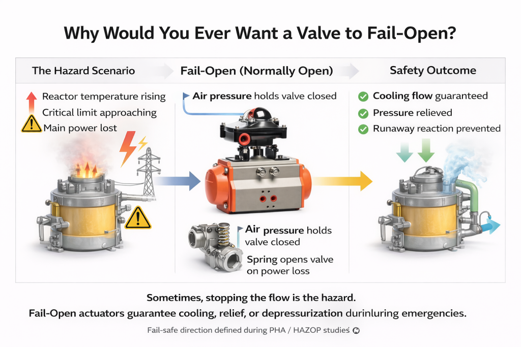 A diagram showing a cooling jacket on a reactor with a fail-open valve ensuring continuous coolant flow