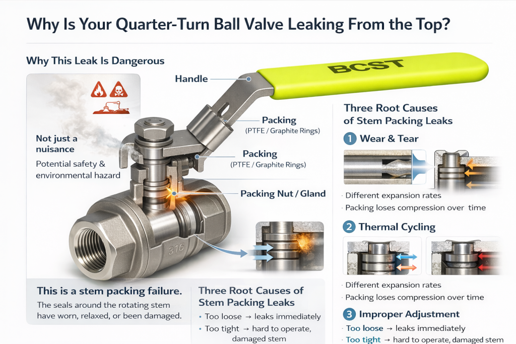 A diagram showing the stem packing area of a quarter turn ball valve, a common leak point.