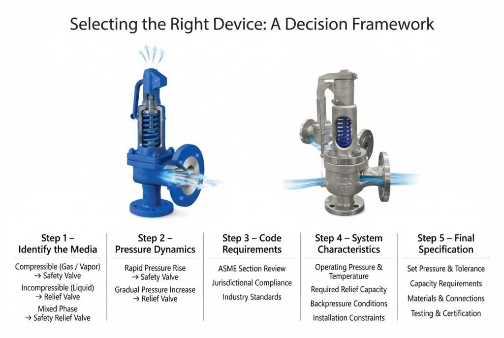 A flowchart illustrating the decision-making process for selecting a safety or relief valve.