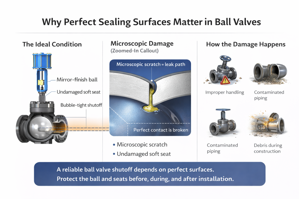 A close-up view showing the perfect, mirror-finish sealing surface of a ball valve.