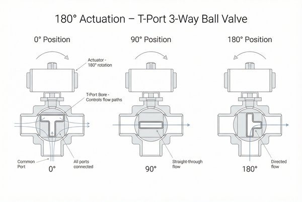 180 degree actuation T-port 3-way ball valve
