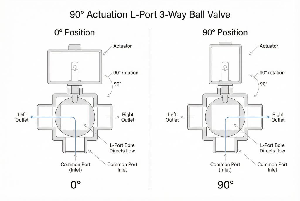 90 degree actuation L-port 3-way ball valve