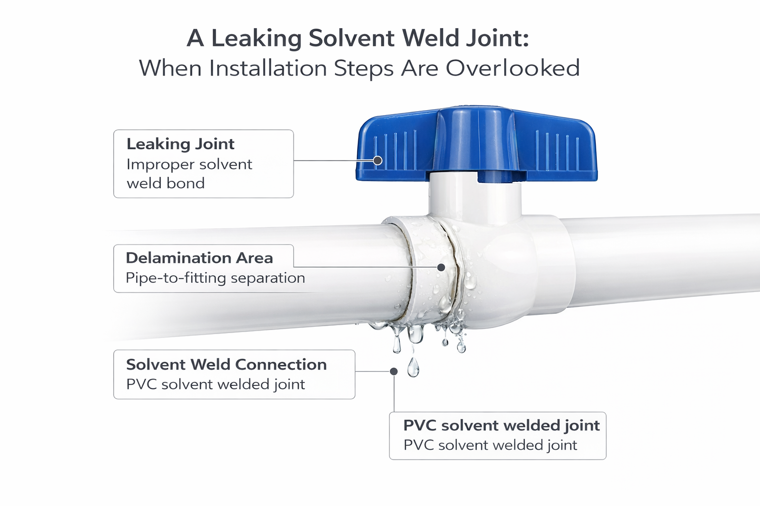 A failed solvent weld PVC joint showing signs of delamination and leakage due to improper installation.