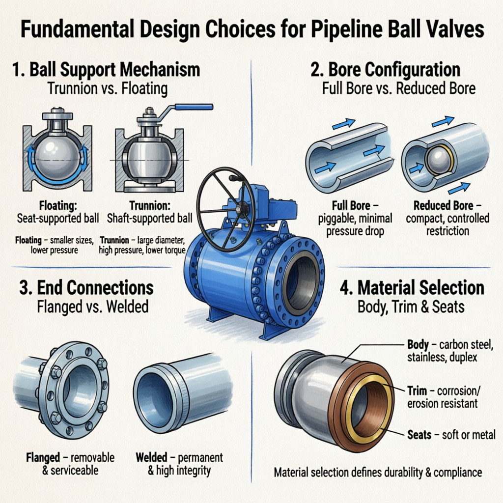 Cross-section diagram highlighting the internal components of a pipeline ball valve, including ball, stem, seats, and end connections.