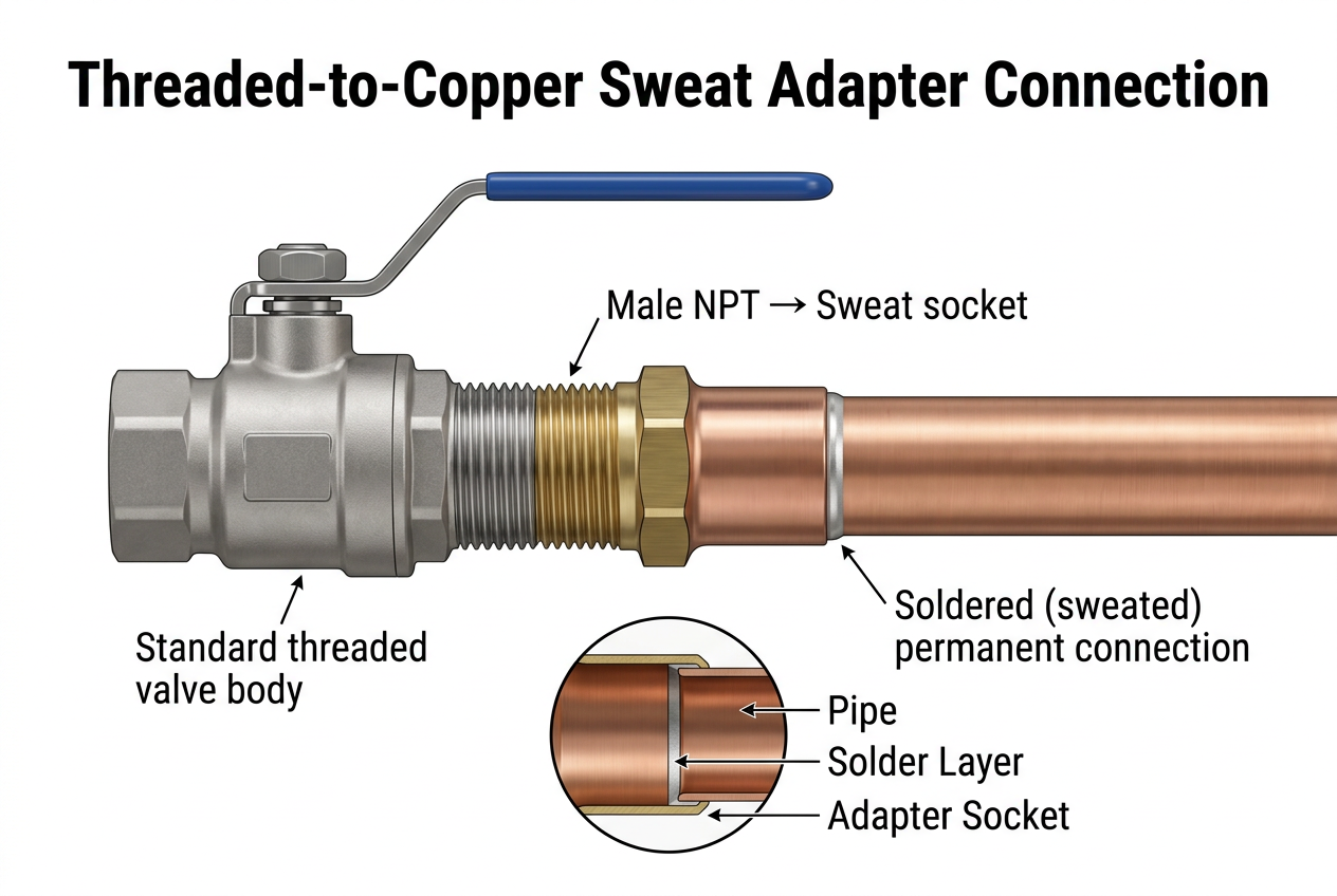 A threaded ball valve connected to copper pipe using a solder (sweat) adapter