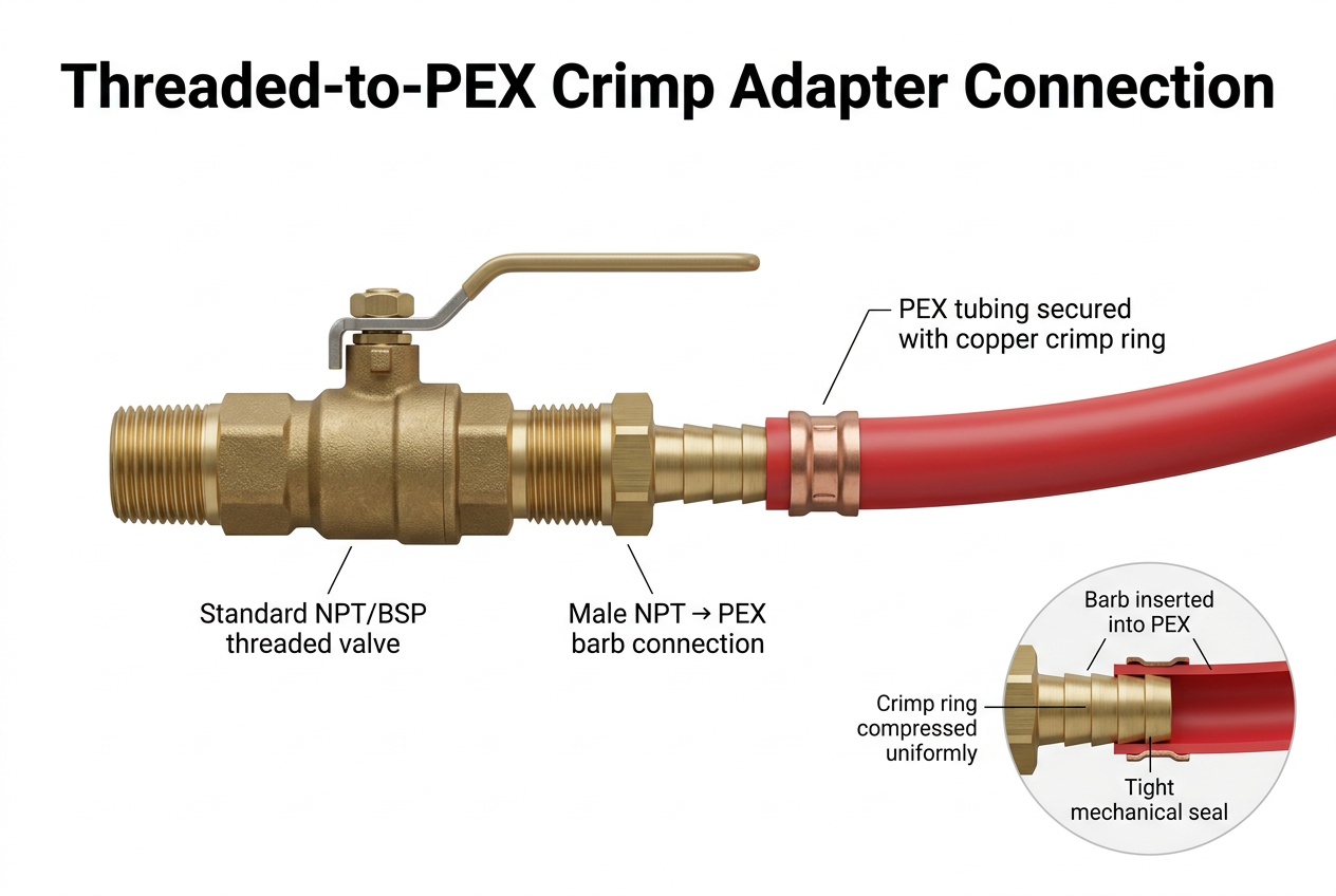 A threaded ball valve connected to a PEX pipe using a crimp adapter