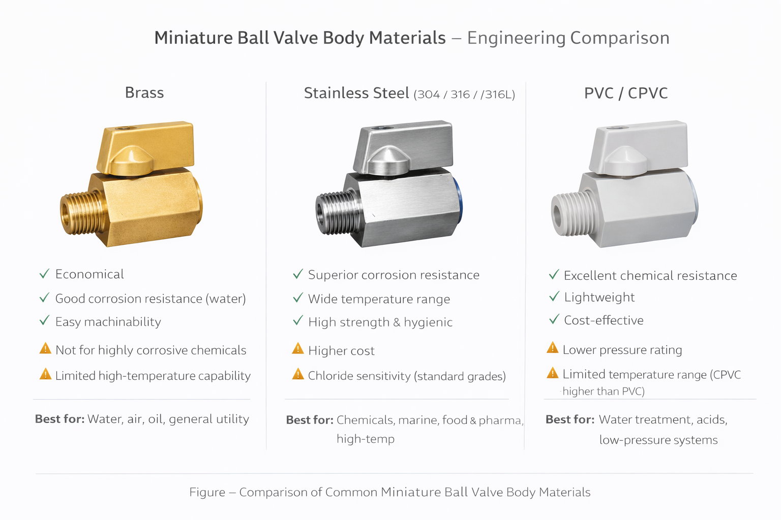 Examples of miniature ball valves made from brass, stainless steel, and PVC
