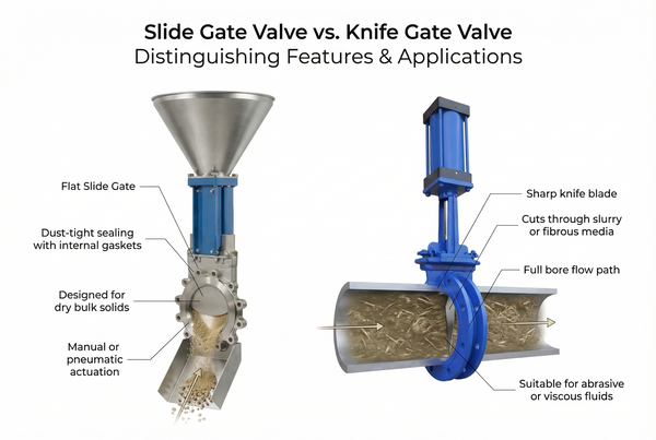 Comparison image showing a slide gate valve and a knife gate valve side-by-side highlighting their different designs.