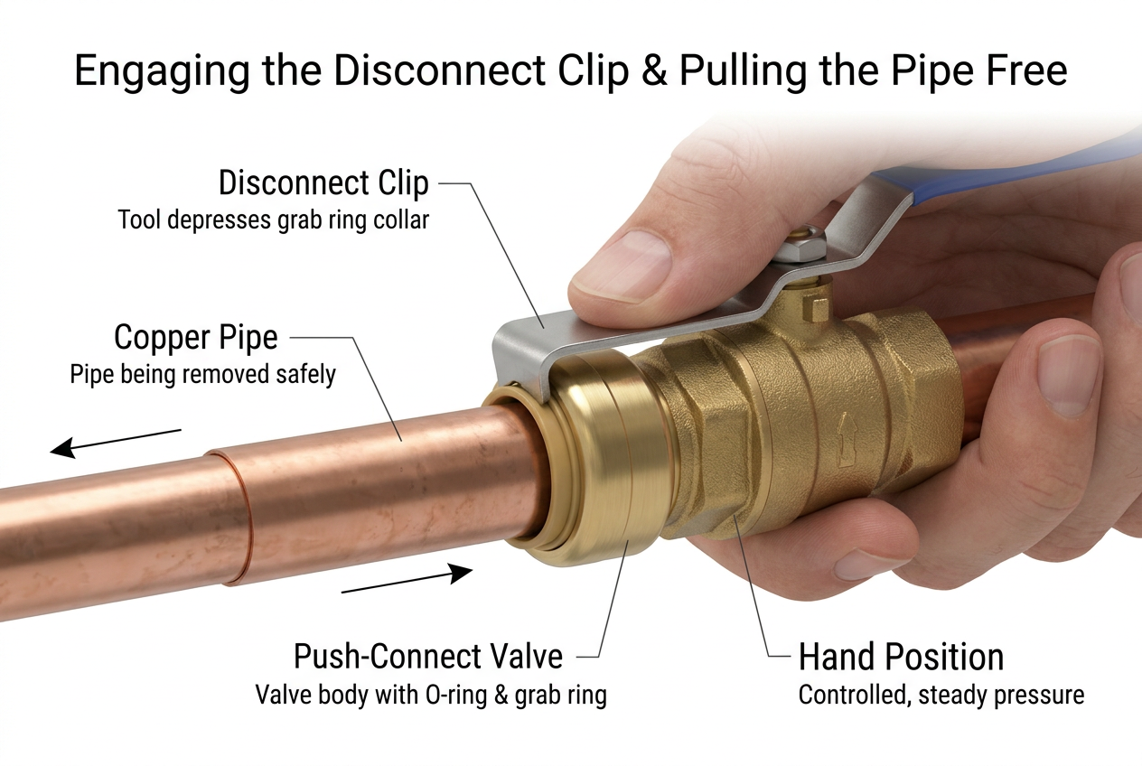 Close up of a disconnect clip depressing the collar of a push connect valve while the pipe is pulled out.