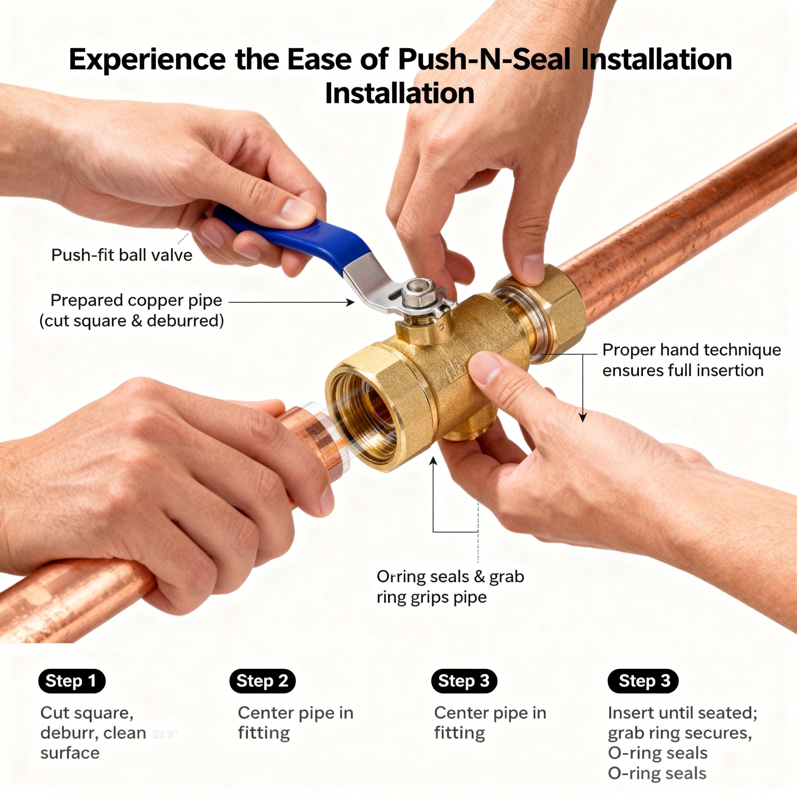 A close-up of hands installing a push connect ball valve onto a copper pipe.