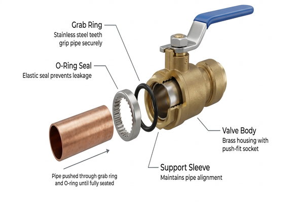 Diagram showing the robust materials used in push connect valve construction: brass body, stainless steel grab ring, EPDM O-ring.