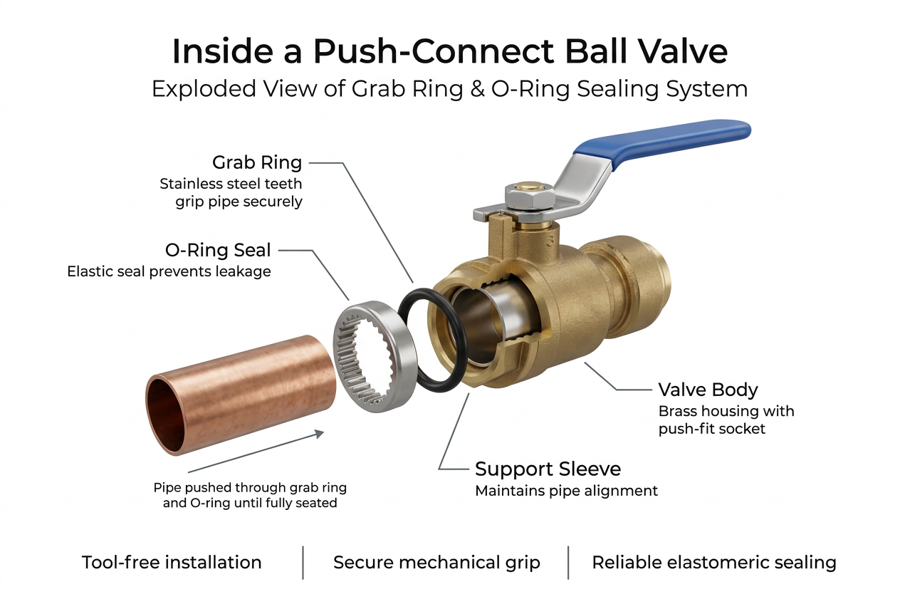 Cutaway diagram illustrating the internal components of a push connect ball valve, including grab ring and O-ring.