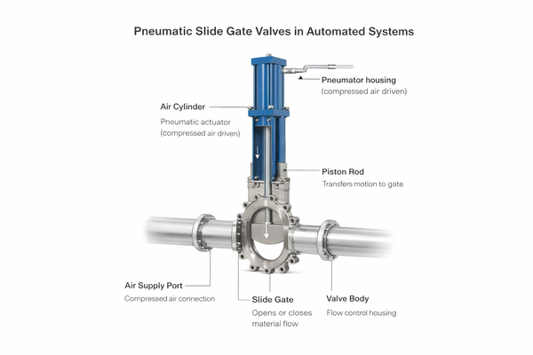 A pneumatic single piston slide gate valve, showing the air cylinder for automated operation.