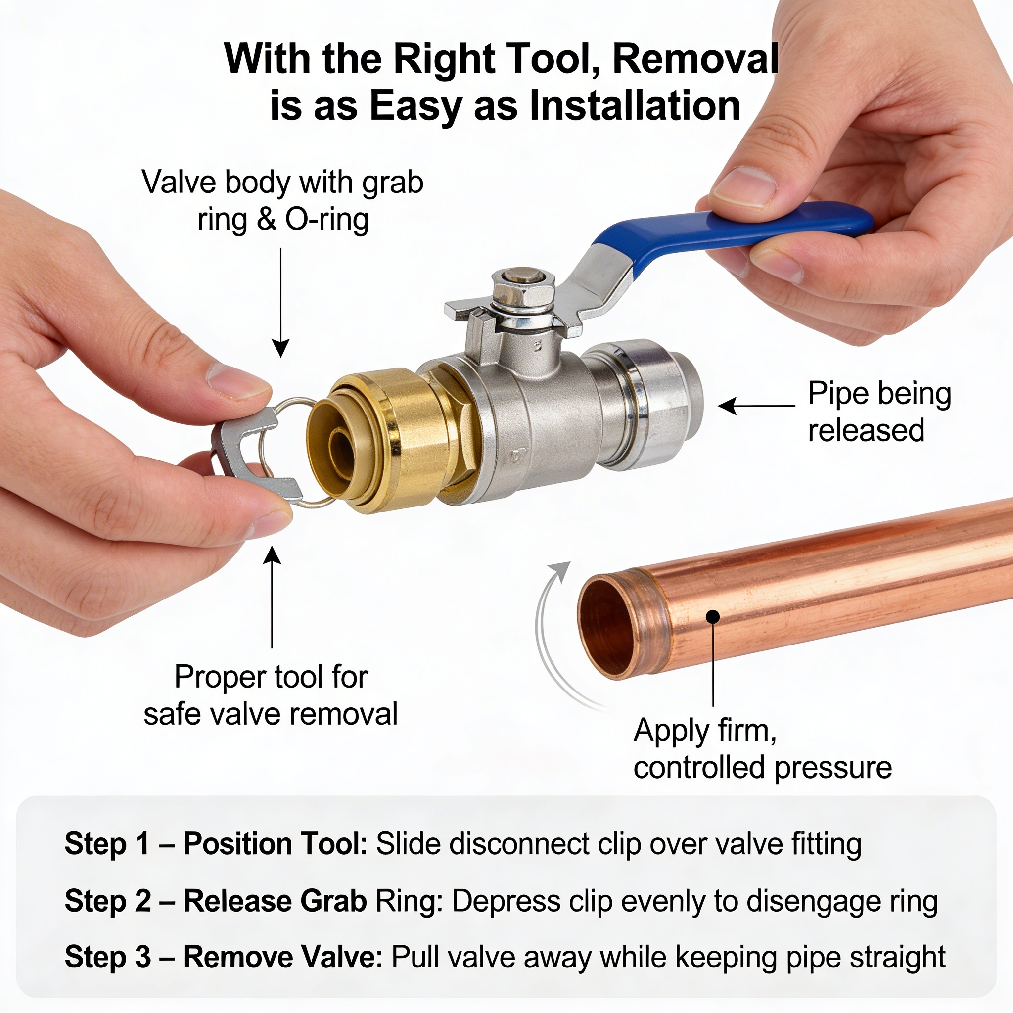 Hands using a disconnect clip to remove a push connect ball valve from a copper pipe.