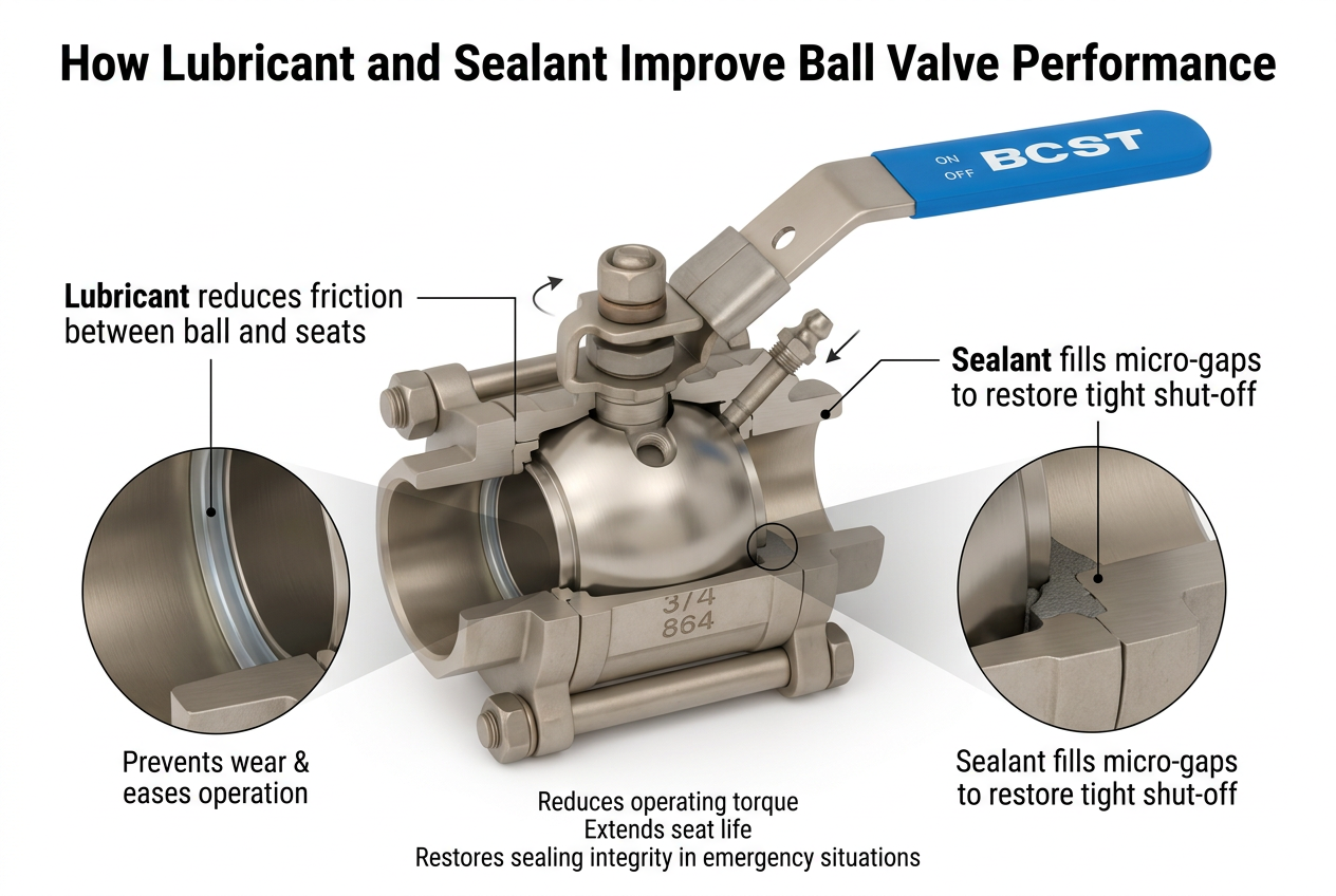 Diagram showing lubricant reducing friction and sealant filling a leak path in a ball valve