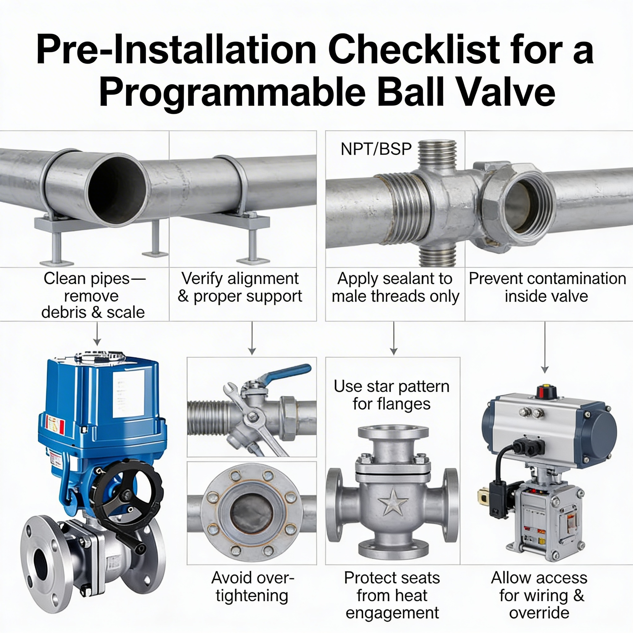 Illustration of programmable ball valve being mechanically installed into a pipe system