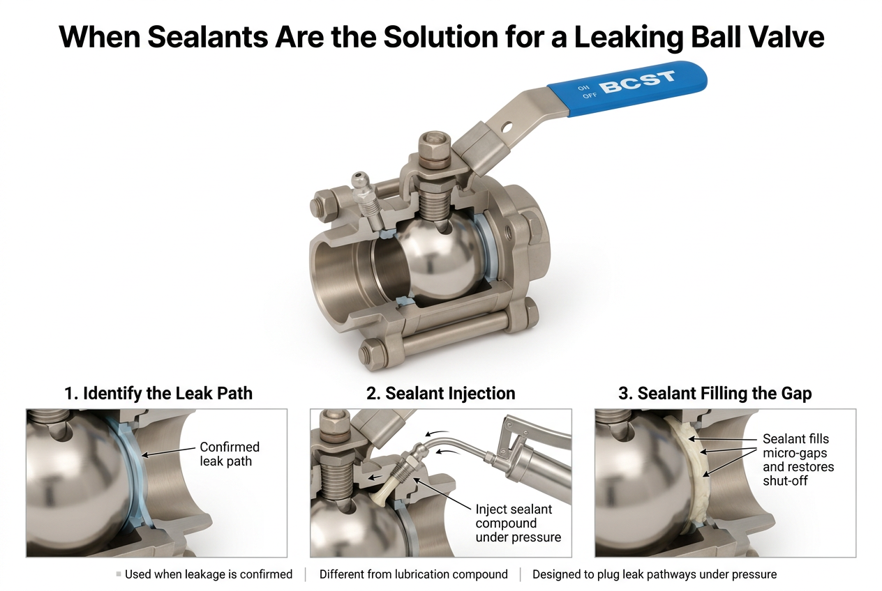 Technician injecting sealant into a leaking ball valve to stop flow passing