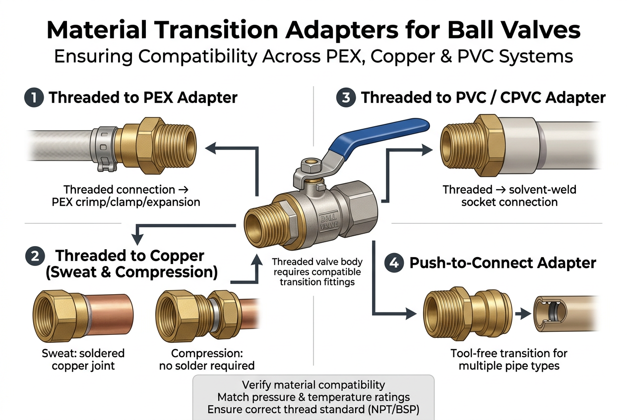 Examples of adapters connecting threaded valves to PEX, copper, and PVC pipes