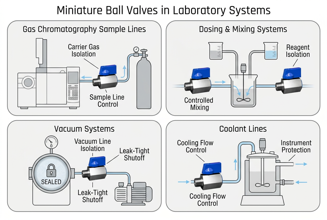 Miniature ball valves integrated into complex laboratory analytical equipment