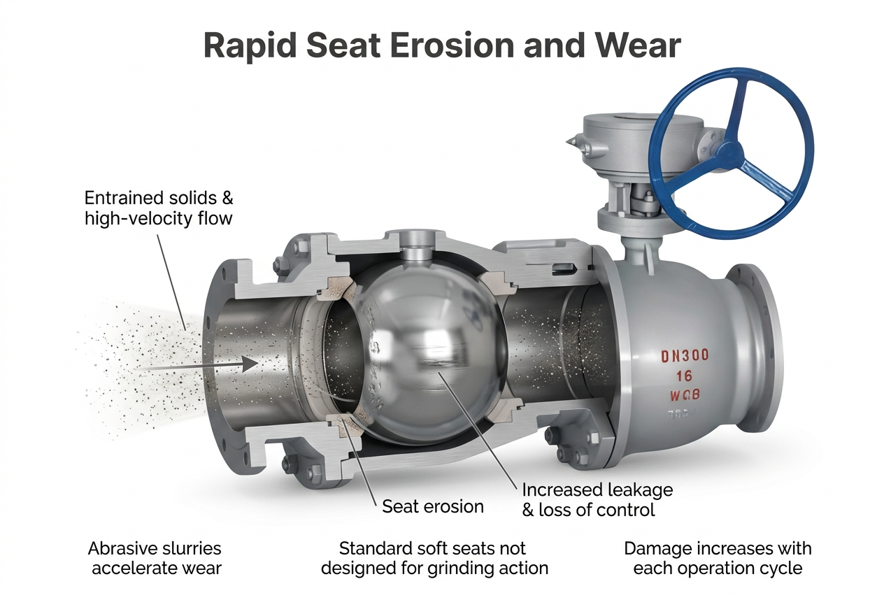 Close-up of a severely eroded valve ball and seat
