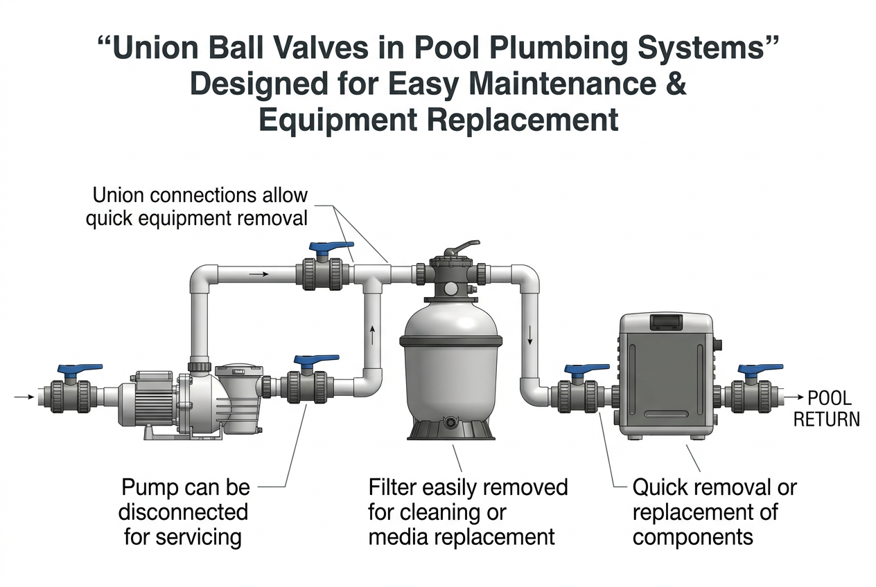 Union ball valves installed on a swimming pool filter system for easy maintenance and winterization.