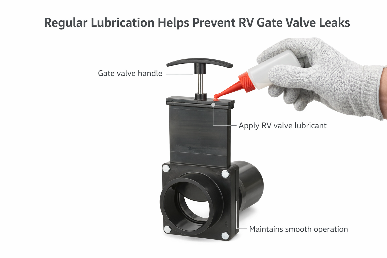 Applying RV valve lubricant to a gate valve handle to help stop leaks and improve movement.