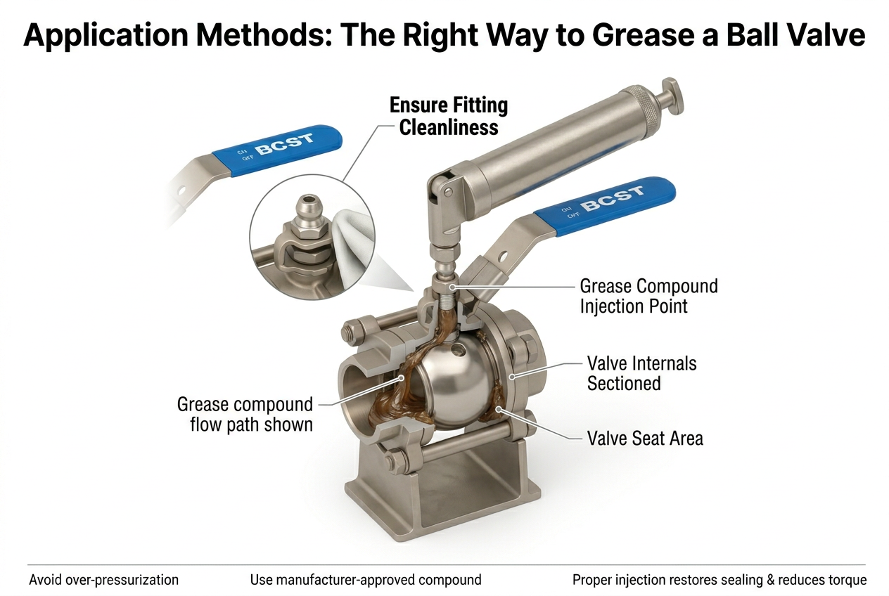 Maintenance technician using a grease gun to inject sealant into a ball valve