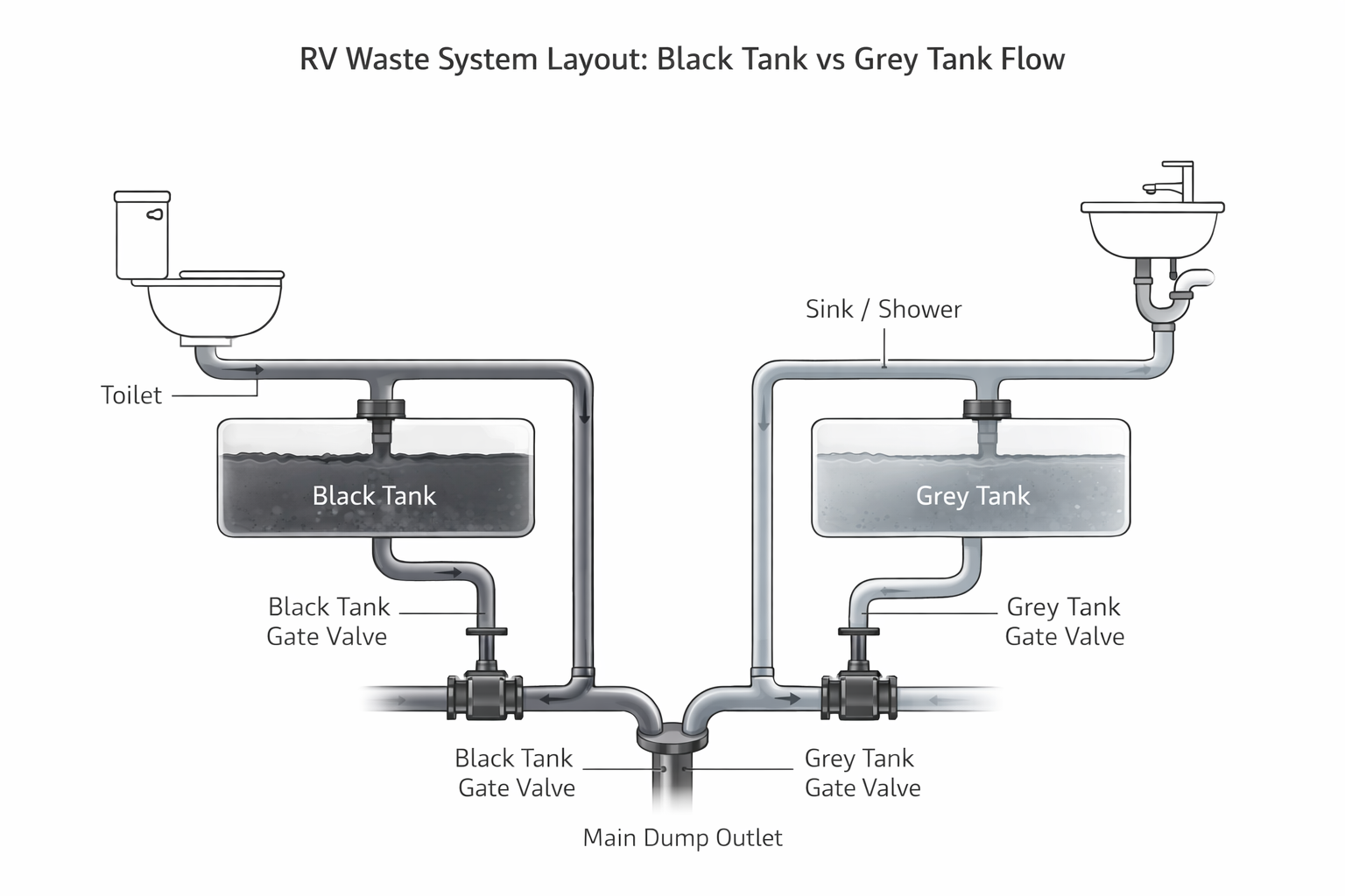 Diagram showing the typical plumbing layout of RV black and grey waste tanks with their respective gate valves.