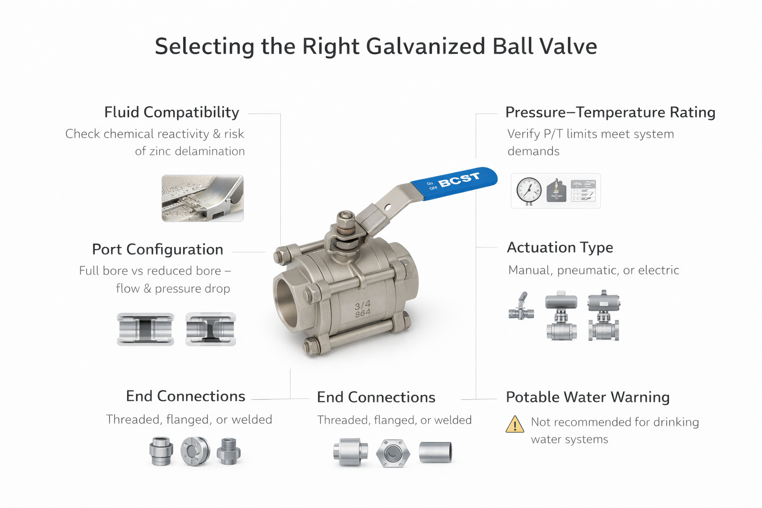 A diagram outlining criteria for selecting the right type of galvanized ball valve